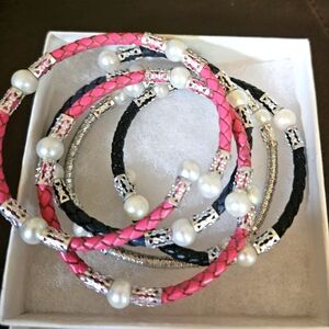 Pearls by Shari 4 Braided leather 1 Metallic  bracelet with  freshwater pearls.